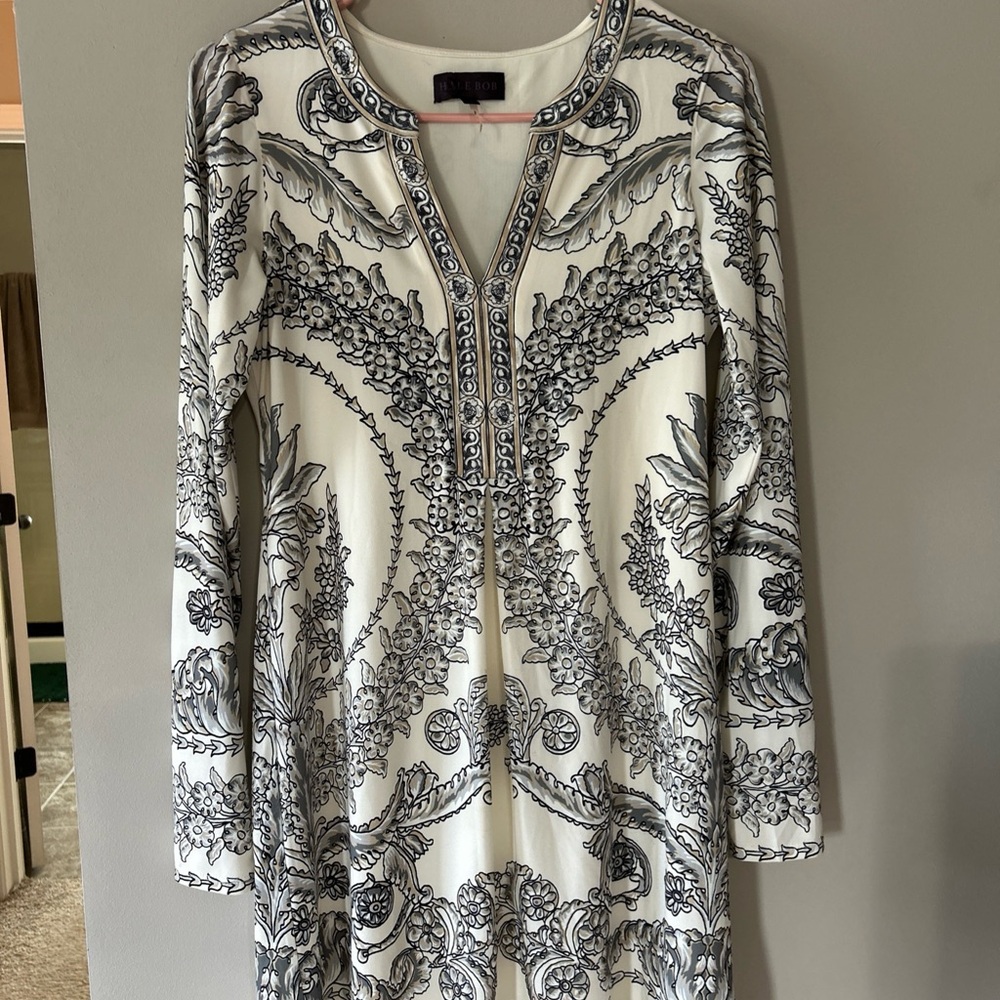 Hale Bob Ivory Dress with Black and Beige Scroll Motif